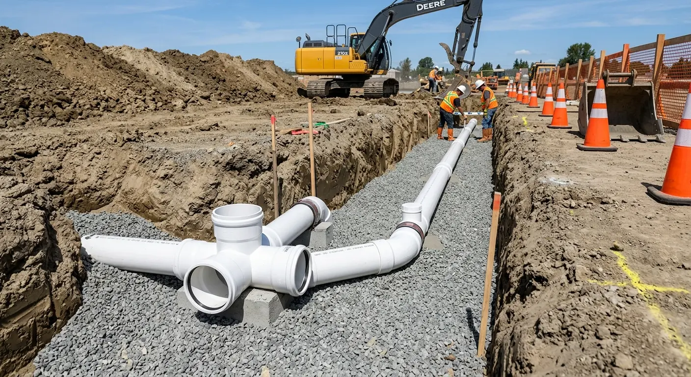 New PVC sewer pipe installation in open trench for Sewer Backup in Freeport